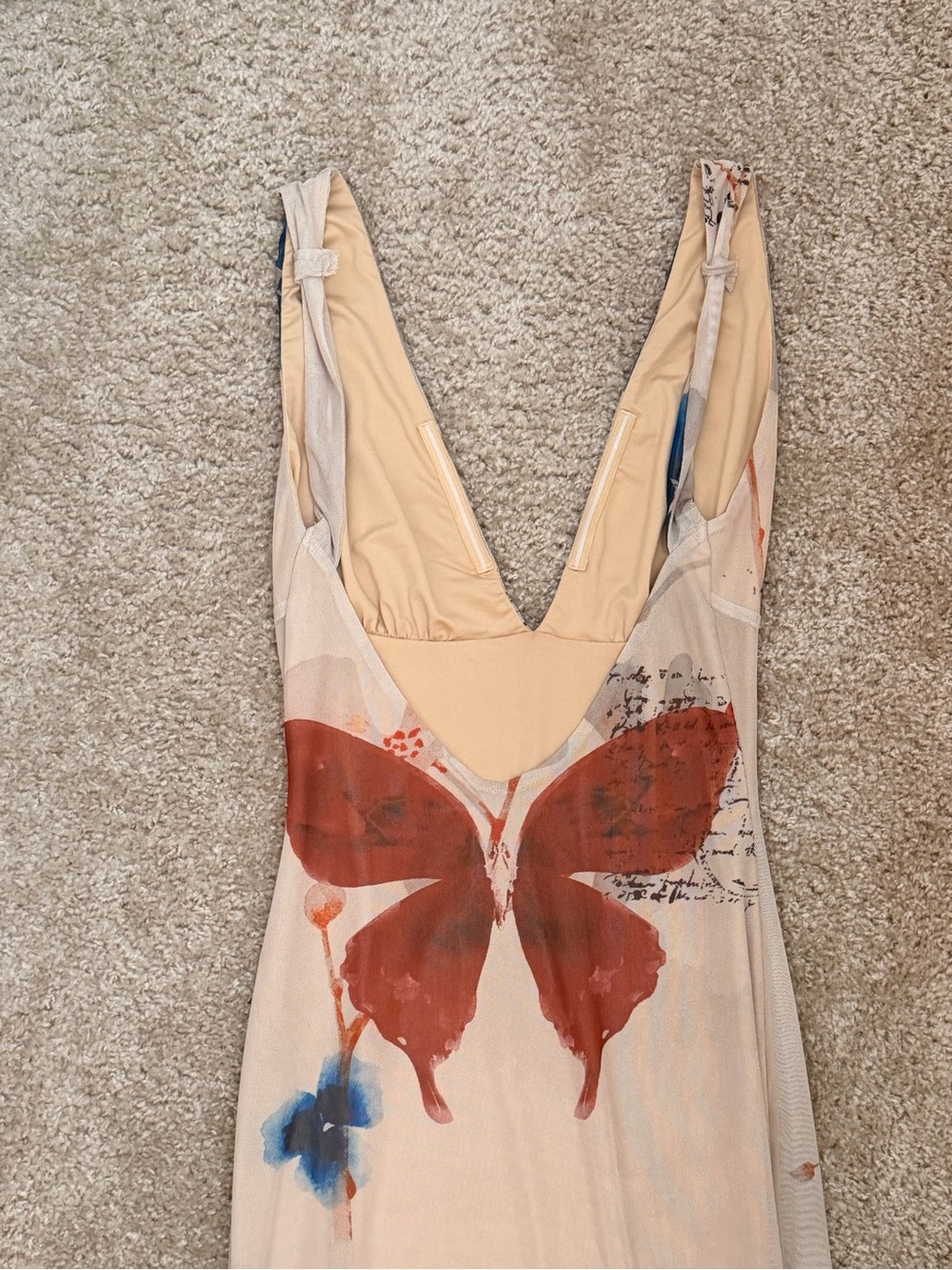 Floral V-Neck Maxi Dress in Beige with Blue & Rust Accents - Picture 4 of 5